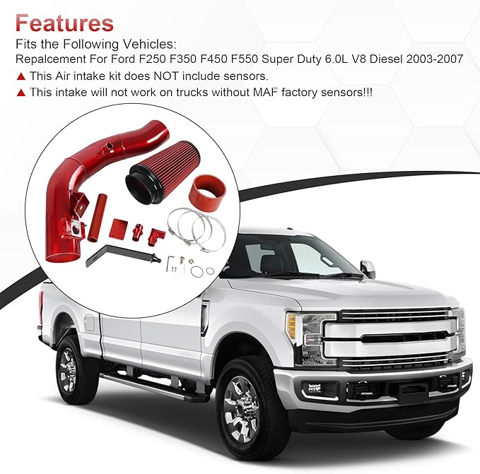 4 inch Cold Air Intake Kit Replacement For Ford F250 F350 F450 F550 Super Duty 2003 2004 2005 2006 2007 Excursion 6.0L V8 Diesel Red Color (2003-2007 Ford F250 F350 F450 6.0L)