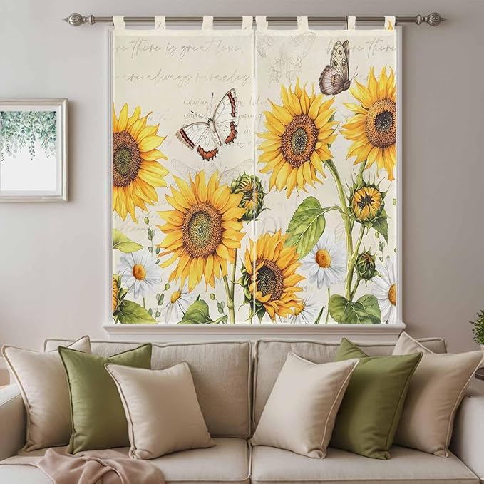 Farm Sunflowers Bathroom Curtains 63 Inch Length, Window Curtains Tab Top, Retro Flowers Butterfly Botanical Beige Light Filtering Window Treatments Drapes 52"x63" 2 Panel