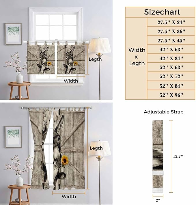 Funny Farm Animals Kitchen Curtains 24 Inch Length, Small Window Curtains Tab Top, Vintage Barn Brown Sunflowers Light Filtering Short Window Treatments Tier Drapes 27.5"x24" 2 Panel