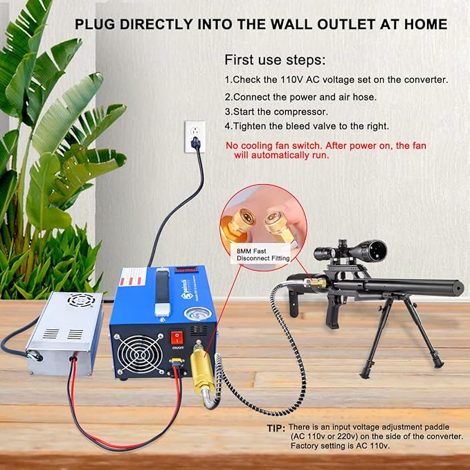 PCP Air Compressor, Portable 4500Psi/30Mpa, Water/Oil-Free, PCP Rifle/Pistol and Paintball Tank Air Pump, Powered by 12V Car DC or Home 110V AC with Power Converter and Oil-Moisture Filter