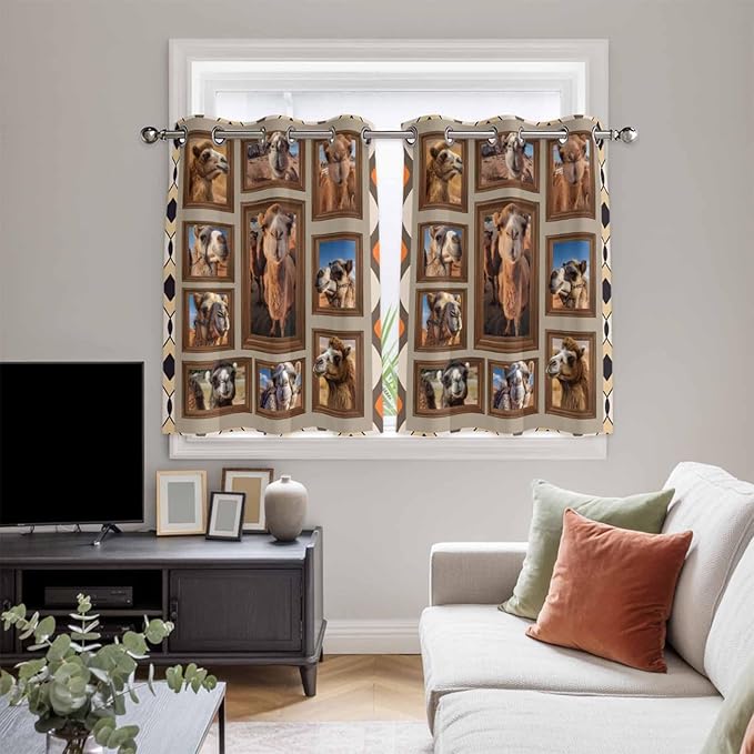 2 Panel Kitchen Cafe Curtains, Desert Camels Sunlight Filtering Nature Air Through, Home Decor Window Covering Tier Curtains for Living Room 104W x 52L inch Western Wildlife Brown Animals Country