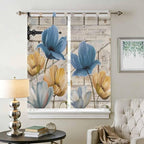 Blue Yellow Tulips Living Room Curtains 84 Inch Length, Window Curtains Tab Top, Retro Farmhouse Flower Barn Doors Wooden Light Filtering Window Treatments Drapes 42"x84" 2 Panel