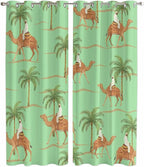 2 Panel Kitchen Cafe Curtains, Desert Camels Sunlight Filtering Nature Air Through, Home Decor Window Covering Tier Curtains for Living Room 104W x 96L inch Tropical Date Palm Trees Animal Green