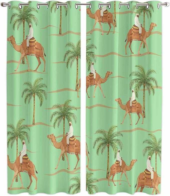 2 Panel Kitchen Cafe Curtains, Desert Camels Sunlight Filtering Nature Air Through, Home Decor Window Covering Tier Curtains for Living Room 104W x 90L inch Tropical Date Palm Trees Animal Green