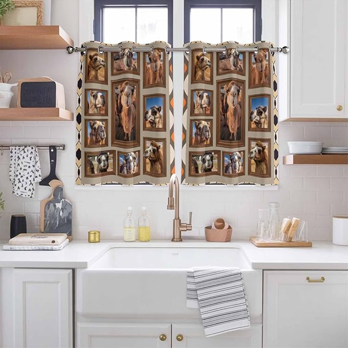 2 Panel Kitchen Cafe Curtains, Desert Camels Sunlight Filtering Nature Air Through, Home Decor Window Covering Tier Curtains for Living Room 104W x 52L inch Western Wildlife Brown Animals Country