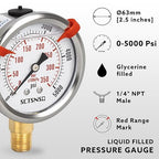 0 to 5000 Psi Hydraulic Pressure Gauge, Glycerin Liquid Filled, 2.5 inch Dial, 1/4" NPT Lower Mount, Stainless Steel Case, for Regulator, HVAC System, Beer Keg, Brew Setup，High Pressure Test