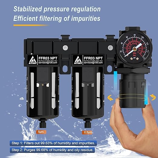 3/8" NPT Air Dryer System,Air Compressor Filter Dryer,5 and 5 Micron Filter Cartridge,Semi-Auto Drain, Metal Bracket