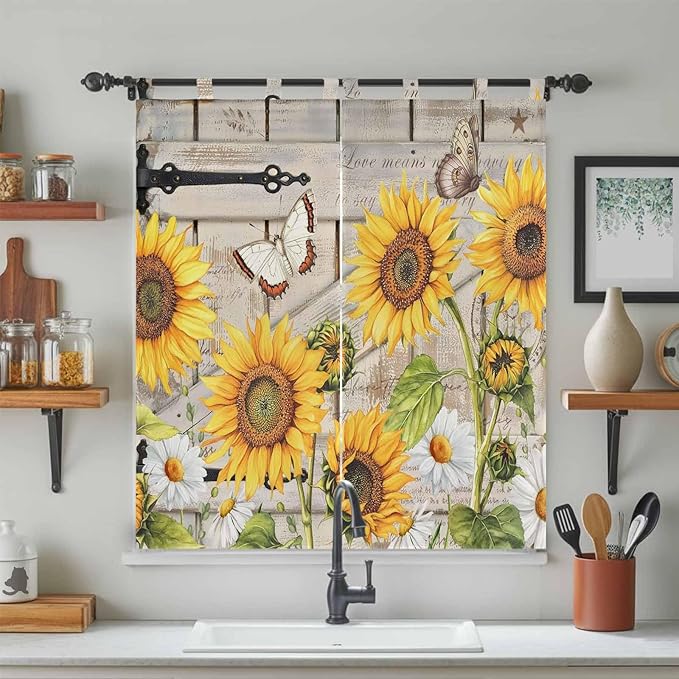 Farm Flowers Bedroom Curtains 72 Inch Length, Window Curtains Tab Top, Retro Sunflowers Barn Doors Butterfly Wood Board Light Filtering Window Treatments Drapes 52"x72" 2 Panel