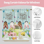 Swag Curtain Valances for Kitchen Windows,Happy Easter Bunny Butt Egg Floral Short Rod Pocket Window Valance,Spring Plant on Aqua Wood Swag Topper for Bedroom Living Room,2 Panels 36x63in