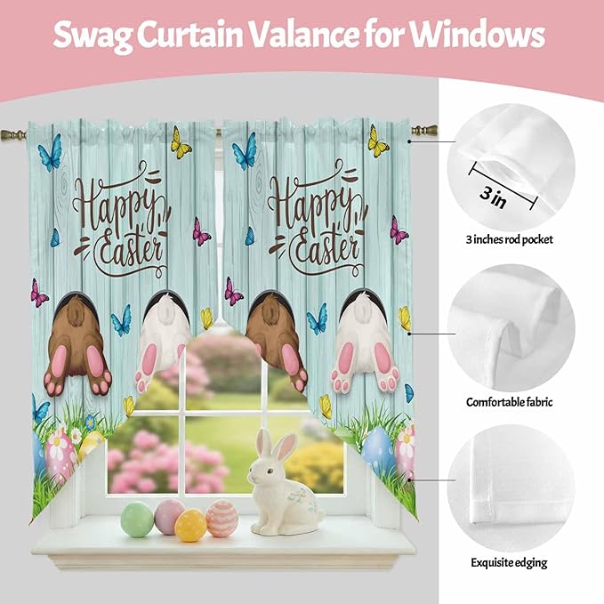 Swag Curtain Valances for Kitchen Windows,Happy Easter Bunny Butt Egg Floral Short Rod Pocket Window Valance,Spring Plant on Aqua Wood Swag Topper for Bedroom Living Room,2 Panels 36x36in