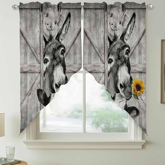 Funny Farm Animals Swag Valances for Windows, Vintage Barn Grey Sunflowers Rod Pocket Kitchen Curtains Valance, Kitchen Window Curtains Swag for Cafe Bathroom Living Room, 2 Panels, 36x45 inch
