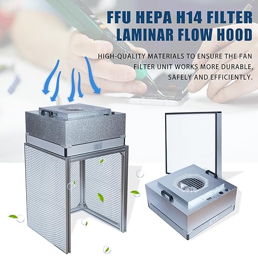 FAFAGLGL， FFU， HEPA H14-Filter Laminar Flow Hood(Includes Clean Bench Stand + HEPA Filter) ，Updated FanFilter Unit，100/ISO Class 5 ，for Clean roomsom/Laboratory/Mushroom Room, (22.6"x22.6"110V)
