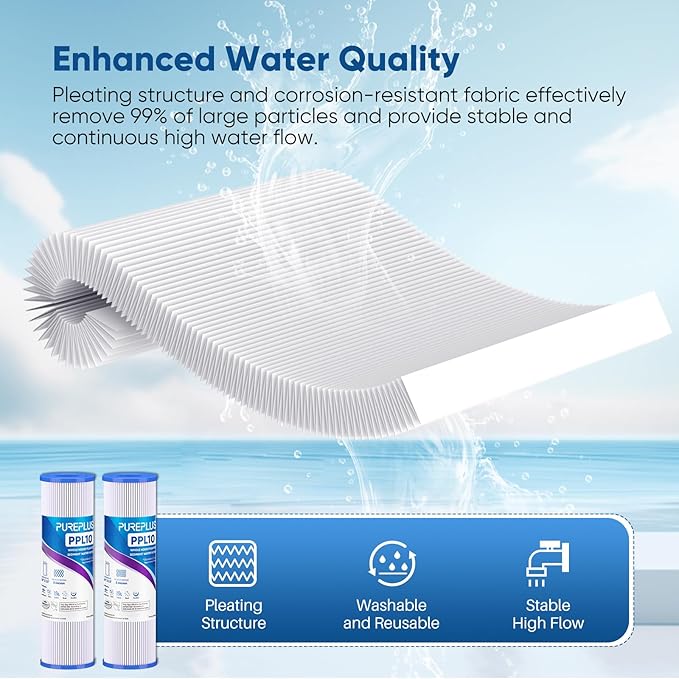 PUREPLUS 5 Micron 10"x2.5" Whole House Pleated Sediment Filter for Well Water, Replacement Cartridge for Universal 10 inch RO System, W50PE, WFPFC3002, SPC-25-1050, FM-50-975, 801-50, WB-50W, 2Pack
