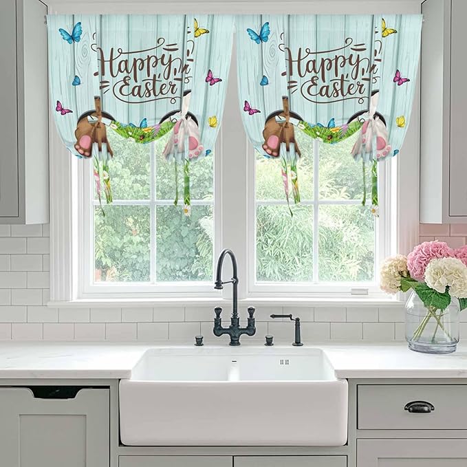 Tie Up Curtains,Happy Easter Bunny Butt Egg Floral Adjustable Rod Pocket Window Shade Curtain Drape Spring Plant on Aqua Wood Tie-Up Valance for Kitchen Bedroom Living Room Windows,34"x45"