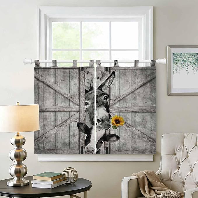 Funny Farm Animals Kitchen Curtains 45 Inch Length, Short Cafe Window Curtains Tab Top, Vintage Barn Grey Sunflowers Light Filtering Window Treatments Tier Drapes 27.5"x45" 2 Panel