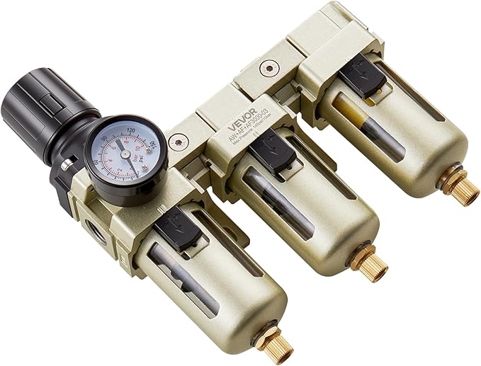 VEVOR Air Compressor Filter Regulator, 3/8" NPT 3-Stage Air Compressor Water Separator with 5μm/1μm/0.01μm Micron Filter Elements, Semi Auto Drain Air-Drying System 145PSI Max Pressure, Poly Bowl