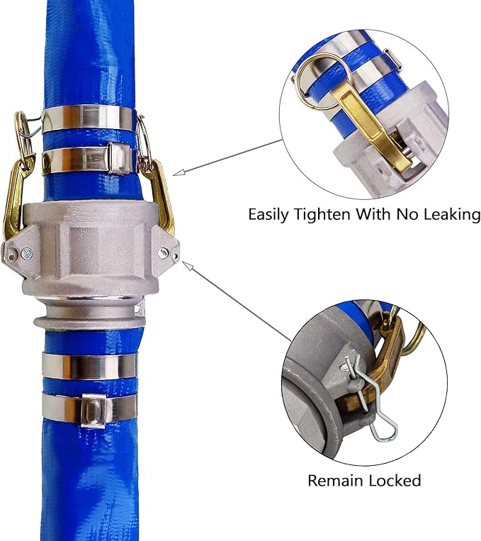 DAVCO 2" ID × 50 ft Pool Backwash Hose, Heavy Duty Reinforced Blue PVC Lay Flat Water Discharge Pump Hoses For Swimming Drain Pools and Clean Filters, with Aluminum Camlock C and E Fittings