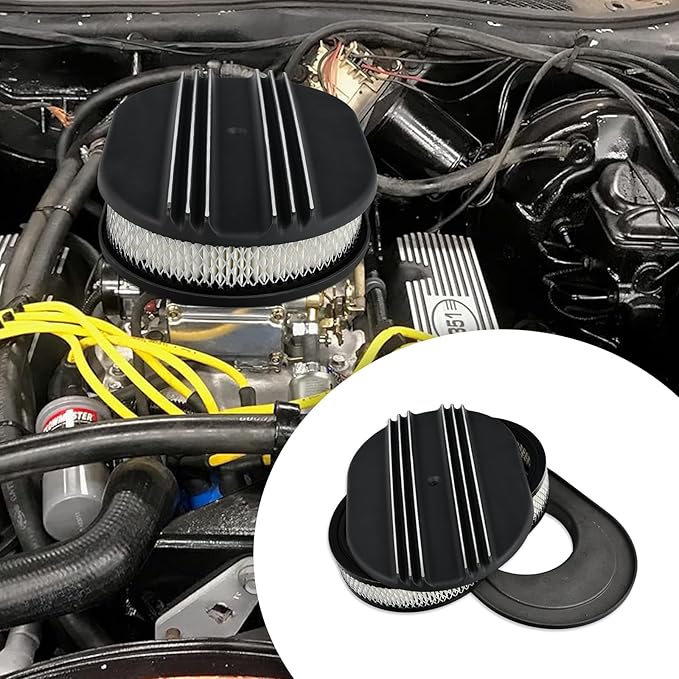 12" Air Cleaner Kit Oval Half Finned Black Aluminum Compatible with Classic Chevy Ford