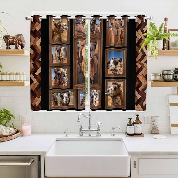2 Panel Kitchen Cafe Curtains, Desert Camels Sunlight Filtering Nature Air Through, Home Decor Window Covering Tier Curtains for Living Room 104W x 63L inch Brown Wildlife Farmhouse Animals Rustic