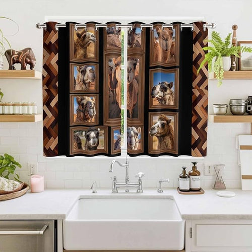 2 Panel Kitchen Cafe Curtains, Desert Camels Sunlight Filtering Nature Air Through, Home Decor Window Covering Tier Curtains for Living Room 104W x 63L inch Brown Wildlife Farmhouse Animals Rustic