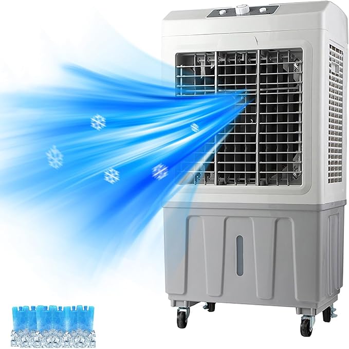 Portable Evaporative Air Cooler with 4 Wheels, Large Water Tank, Wide Oscillation, Multiple Speeds for Large Room Cooling