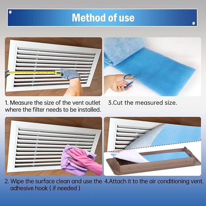 Air Vent Filter, 2 Pack 12"X100" Cut to Size MERV 8 Triple Air Filter Material, Blue & White Electrostatic Vent Filter Kit for Home Floor, Ceiling, Grilles, HVAC Vent, Compression Packing