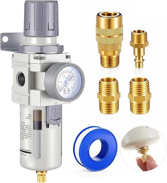 Tuanse Manual Drain 1/2" NPT Compressed Air Filter Regulator, Piggyback Combo, 5µm Brass Element, Poly Bowl, Metal Bracket & Fittings, 0-150 Psi Gauge, for Industrial & Spray Painting