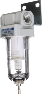 PneumaticPlus SAF200-N02B Miniature Compressed Air Particulate Filter 1/4" NPT - Poly Bowl, Manual Drain, Bracket