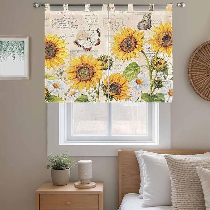 Yellow Sunflowers Bedroom Curtains 63 Inch Length, Window Curtains Tab Top, Country Farm Butterfly Flower Light Beige Light Filtering Window Treatments Drapes 42"x63" 2 Panel