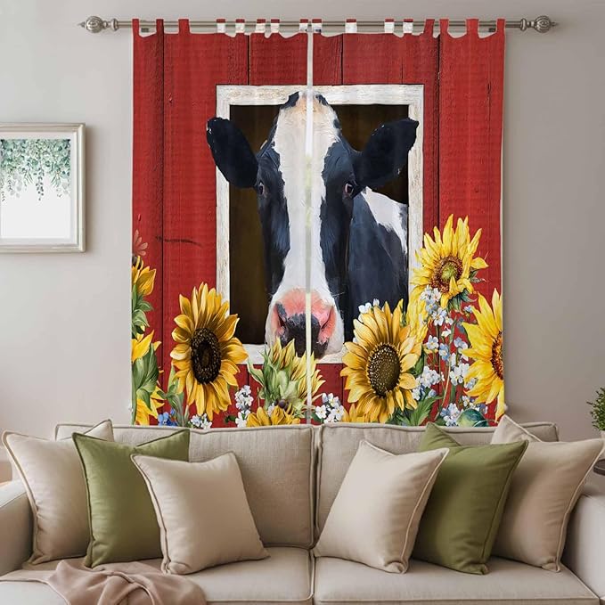 Cow Sunflowers Living Room Curtains 96 Inch Length, Window Curtains Tab Top, Botanical Floral Leaves Bees Farm Barn Light Filtering Window Treatments Drapes 52"x96" 2 Panel