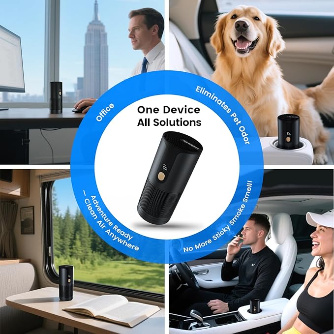 Mini Car Air Purifier-True HEPA Portable Small Air Purifier 15dB Quiet Cordless for Smoke/Dust/Pet Hair with 3-Layer Filtration for Cars/Small Bedroom/Office/Desk/Travel (Black）