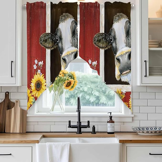 Cows Sunflowers Swag Valances for Windows, Rustic Farms Barns Flowers Bees Animals Rod Pocket Kitchen Curtains Valance, Kitchen Window Curtains Swag for Cafe Bathroom Living Room, 2 Panels, 36x45 inch