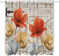 Retro Floral Living Room Curtains 84 Inch Length, Window Curtains Tab Top, Red Yellow Tulips Barm Doors Farmhouse Wooden Light Filtering Window Treatments Drapes 52"x84" 2 Panel