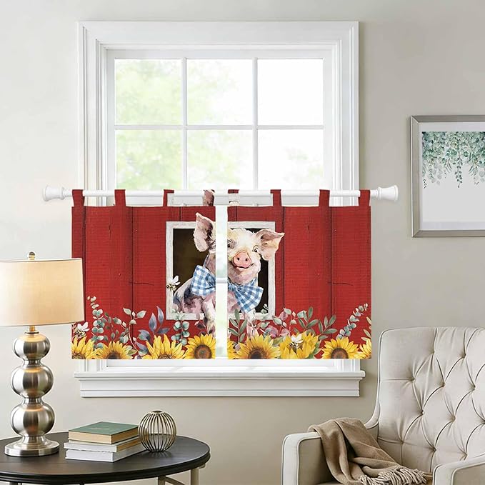 Pig Sunflowers Kitchen Curtains 36 Inch Length, Small Window Curtains Tab Top, Eucalyptus Leaves Floral Bees Red Barn Light Filtering Short Window Treatments Tier Drapes 27.5"x36" 2 Panel