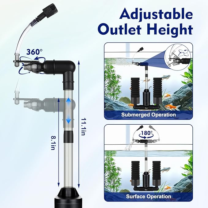 AQQA Electric Sponge Filter for Aquarium – Quiet USB Powered Breeding & Shrimp Filter with Bio Ceramic Media, Adjustable Air Intake & 360° Rotatable Outflow (110V Adapter Included) (M)
