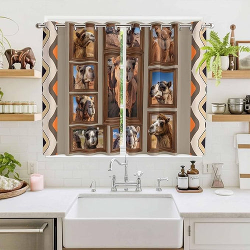 2 Panel Kitchen Cafe Curtains, Desert Camels Sunlight Filtering Nature Air Through, Home Decor Window Covering Tier Curtains for Living Room 104W x 63L inch Western Wildlife Brown Animals Country