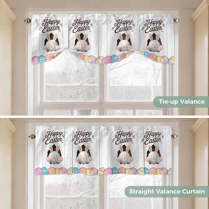 Grey Easter Tie Up Valance Curtains for Windows, Kitchen Curtains Window Shades, Spring Cartoon Bunny Colorful Eggs Wood Grain Light Filtering Roman Curtain Valances for Bedroom/Bathroom/Cafe 54"x18"