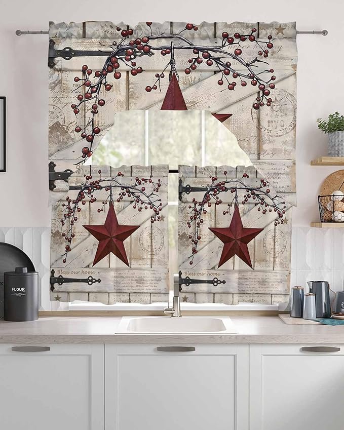 Village Stars Swag Kitchen Curtains Valance and Tier Set, Vintage Dark Red Star Berry Beige Barn Doors Light-Filtering Swag Valance 36 Inch Length, Rod Pocket Short Curtain for Bedroom Cafe