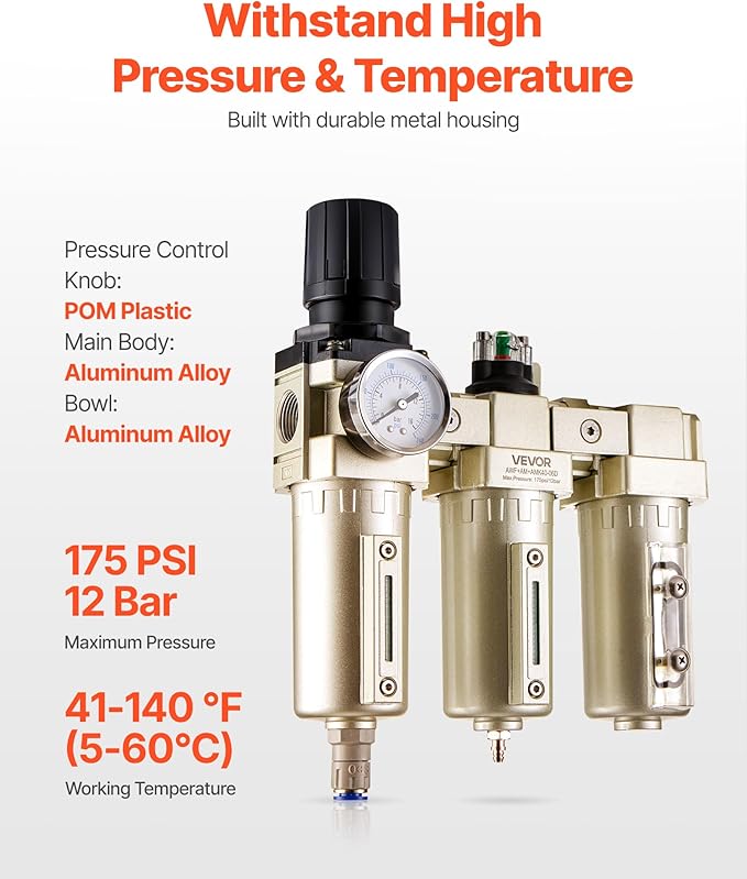 VEVOR Air Compressor Filter Regulator, 3/4" NPT 3-Stage 5μm & 0.3μm & 0.1μm Air Drying System with Micron Filters and Desiccant Dryer, Auto Drain Air Compressor Water Separator 175PSI Max Pressure