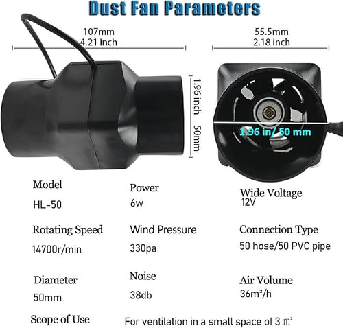 2“ Inline Duct Fan 12V 22 Cfm HVAC Quiet Exhaust Blower Small Ventilation Fan for Grow Tent Basements, Kitchens, Attics (Color : Black, Size : NO Adjustable Speed)
