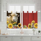 Sheep Flowers Kitchen Curtains 24 Inch Length, Small Window Curtains Tab Top, Country Red Barn Botanical Sunflowers Light Filtering Short Window Treatments Tier Drapes 27.5"x24" 2 Panel