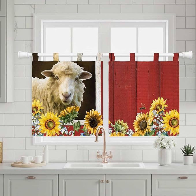 Sheep Flowers Kitchen Curtains 36 Inch Length, Small Window Curtains Tab Top, Country Red Barn Botanical Sunflowers Light Filtering Short Window Treatments Tier Drapes 27.5"x36" 2 Panel