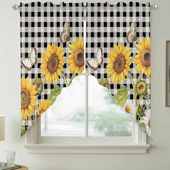 Sunflowers Swag Valances for Windows, Yellow Flowers Butterfly Farmhouse Black Plaid Rod Pocket Kitchen Curtains Valance, Small Window Curtains Swag for Cafe Bathroom Living Room, 2 Panels, 28x36 inch