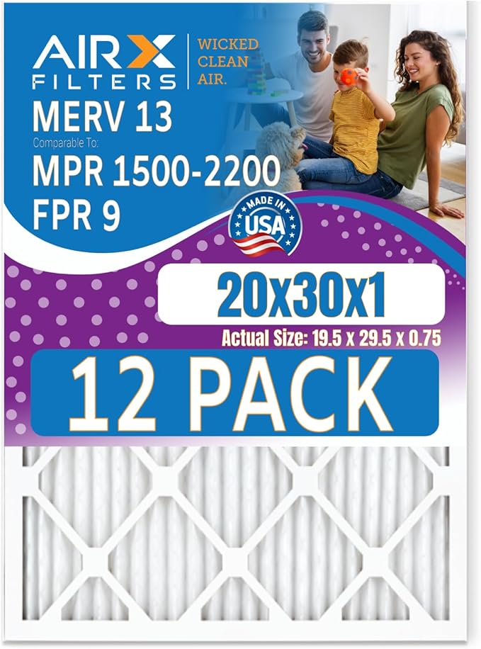 20x30x1 Air Filter MERV 13 Rating, 12 Pack of Furnace Filters Comparable to MPR 1500-2200 & FPR 9 - Made in USA by AIRX FILTERS WICKED CLEAN AIR.