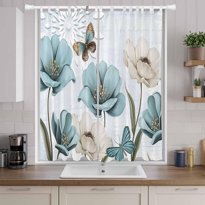 Blue Tulips Living Room Curtains 84 Inch Length, Window Curtains Tab Top, Watercolor Flowers Butterfly Spring Farmhouse Blue Light Filtering Window Treatments Drapes 52"x84" 2 Panel