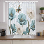 Blue Tulips Living Room Curtains 84 Inch Length, Window Curtains Tab Top, Watercolor Flowers Butterfly Spring Farmhouse Blue Light Filtering Window Treatments Drapes 52"x84" 2 Panel