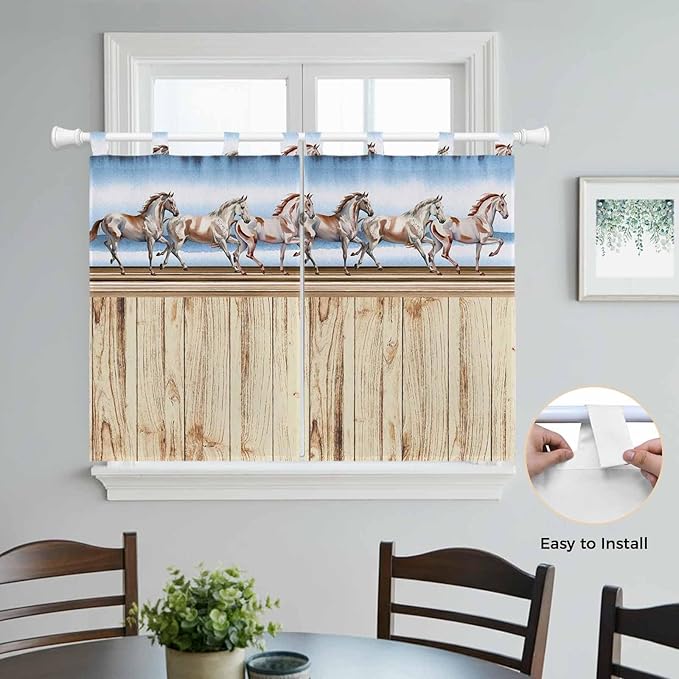 Western Horse Bedroom Curtains 63 Inch Length, Window Curtains Tab Top, Farmhouse Wooden Grain Vintage Cowboy Barn Door Light Filtering Window Treatments Drapes 42"x63" 2 Panel