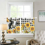 Retro Sunflowers Kitchen Curtains 36 Inch Length, Small Window Curtains Tab Top, Farmhouse Floral Cow Butterfly Black Plaid Light Filtering Short Window Treatments Tier Drapes 27.5"x36" 2 Panel