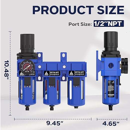 1/2 Inch NPT Three Stage Air Drying System,air Pressure Regulator with 5＆0.01 Micron Filter Cartridge，Desiccant Dryer & Air Regulator, Metal Bowl Manual Drainage-Blue