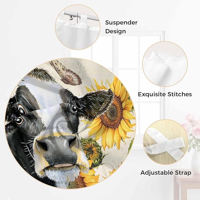 Yellow Sunflowers Living Room Curtains 84 Inch Length, Window Curtains Tab Top, Country Cow Flower Butterfly Farmhouse Cream Light Filtering Window Treatments Drapes 52"x84" 2 Panel